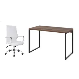 Conjunto de Mesa Kuadra Nogal 120 cm com Cadeira de Escritório Diretor Giratória Cleaner Branca