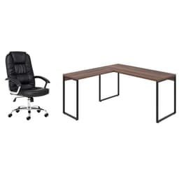 Conjunto de Mesa Kuadra Nogal 150 cm com Cadeira de Escritório Presidente Giratória com Relax Finland Preta
