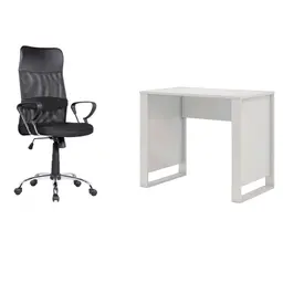 Conjunto de Mesa Morada Branca com Cadeira de Escritório Diretor Giratória Vancouver II com Braços Preta