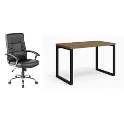 Conjunto de Mesa Munique Carvalho 120 cm com Cadeira de Escritório Presidente Giratória com Relax Office Plus Preta