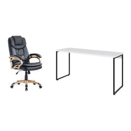 Conjunto de Mesa Studio Branca 150 cm com Cadeira de Escritório Presidente Giratória com Relax Clark Preta e Dourada