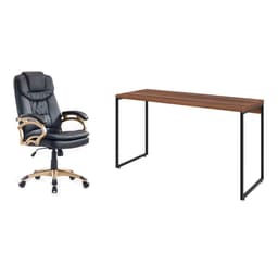 Conjunto de Mesa Studio Nogal 135 cm com Cadeira de Escritório Presidente Giratória com Relax Clark Preta e Dourada