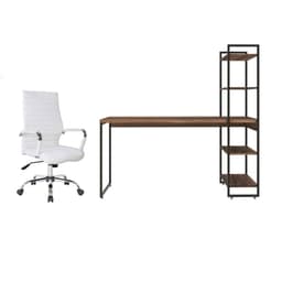 Conjunto de Mesa Studio com Estante Nogal e Preta 146 cm com Cadeira de Escritório Diretor Giratória Cleaner Branca