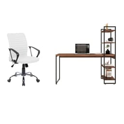 Conjunto de Mesa Studio com Estante Nogal e Preta 146 cm com Cadeira de Escritório Diretor Giratória Oslo Branca
