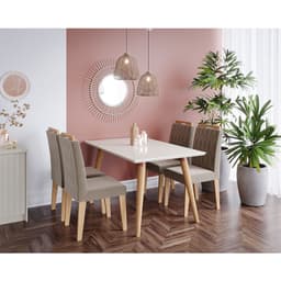 Conjunto de Mesa de Jantar Adele com Tampo de Vidro Off White e 4 Cadeiras Estofadas Paola Suede Joli e Madeira