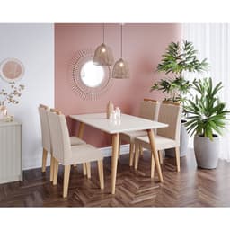 Conjunto de Mesa de Jantar Adele com Tampo de Vidro Off White e 4 Cadeiras Estofadas Paola Suede Nude e Madeira