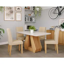 Conjunto de Mesa de Jantar Retangular com Tampo de Vidro Off White Agata e 4 Cadeiras Maia Linho Gengibre e Nature