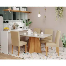 Conjunto de Mesa de Jantar Retangular com Tampo de Vidro Off White Maite e 4 Cadeiras Maia Linho Gengibre e Nature