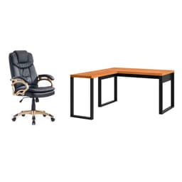 Conjunto de Mesa em L Anah Freijó com Cadeira de Escritório Presidente Giratória com Relax Clark Preta e Dourada