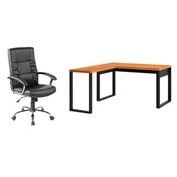 Conjunto de Mesa em L Anah Freijó com Cadeira de Escritório Presidente Giratória com Relax Office Plus Preta