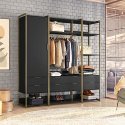 Guarda-Roupa Closet Industrial Mital 1 Porta 6 Gavetas Preto e Dourado