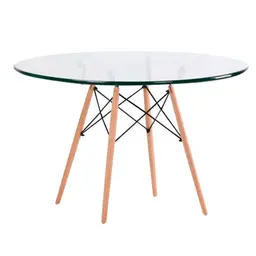 Mesa de Cozinha Redonda com Tampo de Vidro Well Incolor e Natural 90 cm