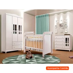 Quarto de Bebê Ariel II Berço Guarda-Roupa Cômoda Colchão Baby D18 (10x70x130) Branco Infantil