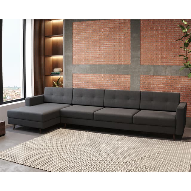 Aumentar 47 % Sofá 4 Lugares Living com Chaise Esquerdo Pé Palito Linho Cotton Grafite Escuro De: R$ 3.889,99 Por: R$ 2.