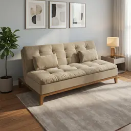 Sofá-Cama 3 Lugares Casal Premium Base e Pés de Madeira Suede Bege