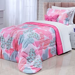 Cobre Leito Infantil Menina Feminino Rosa 200 Fios Micro Percal 3 Peças 2,50m x 1,90m com Porta Travesseiro