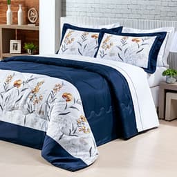 Jogo Cobre Leito Azul Marinho Queen Estampado Floral Percal 200 Fios + Jogo de Lençol 100% Algodão - 7 Peças