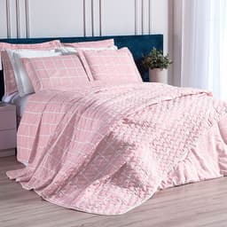 Jogo Cobre Leito Queen Size Estampado Grid Rosa 3 Peças 150 Fios Com Porta Travesseiro