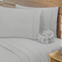 Jogo de Cama Cinza Ponto Palito Casal 200 Fios 3 Peças Tecido Percal 100% Algodão