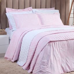 Kit Cobre Leito Solteiro Estampado Rosa Arabesco 2 Peças 100% Algodão 200 Fios