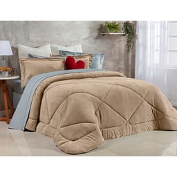 Kit Edredom Bege Solteiro Dupla Face Soft Microfibra + Jogo de Cama 400 Fios Micro Percal - 4 Peças