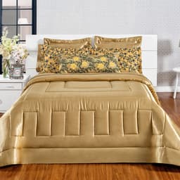 Kit Edredom Casal Padrão Cetim Dourado Estampado 7 Peças 2,40m x 2,60m