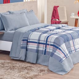 Kit Edredom Queen Azul 3 Peças Xadrez Azul Percal 180 Fios 2,60m x 2,60m