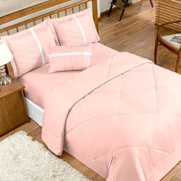 Kit Edredom Queen Rosê Dupla Face 6 Peças com Almofada Decorativa