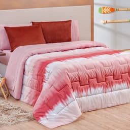 Kit Edredom Vermelho Queen 3 Peças Tie Dye Dupla Face Vermelho com 2 Porta Travesseiros de Suede