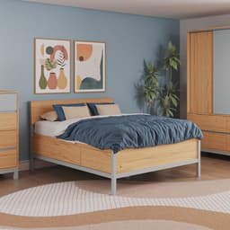 Cama Casal Square 6 Gavetas Madeira Maciça Natural Pine e Cool Grey