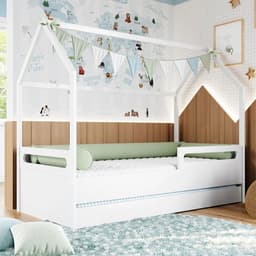 Cama Infantil Montessoriana Casinha Tivoli com Cama Auxiliar Branca