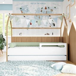 Cama Infantil Montessoriana Casinha Tivoli com Cama Auxiliar Branca e Mel