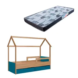 Cama Infantil Montessoriana Miney 2 GV Aveiro e Azul com Colchão Astra D20 Preto e Cinza