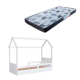 Cama Infantil Montessoriana Miney Branco com Colchão Astra D20 Preto e Cinza