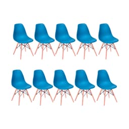Conjunto com 10 Cadeiras DKR Eames Azul Petróleo e Madeira