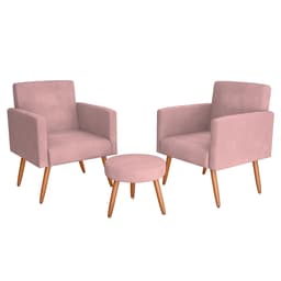 Conjunto com 2 Poltronas e 1 Puff Dallas Veludo Rosa