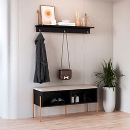 Conjunto de Banco Sapateira com Prateleira Oslo  Nero e Dourado