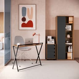 Conjunto de Escrivaninha Dobrável Paricel com Gaveteiro 4 GV e Estante Office 1 PT Grafite e Mel