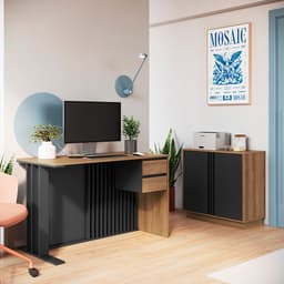 Conjunto de Escrivaninha Salir 2 Gavetas com Armário de Escritório Office 2 Portas Mel e Grafite