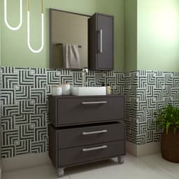 Conjunto de Gabinete Suspenso com Cuba Branca, Gabinete de Chão e Armário de Banheiro com Espelho Alice 2 PT 2 GV Grafite