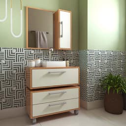 Conjunto de Gabinete Suspenso com Cuba Branca, Gabinete de Chão e Armário de Banheiro com Espelho Alice 2 PT 2 GV Mel e Arenas