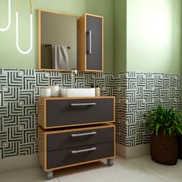 Conjunto de Gabinete Suspenso com Cuba Branca, Gabinete de Chão e Armário de Banheiro com Espelho Alice 2 PT 2 GV Mel e Grafite