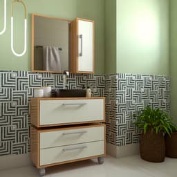 Conjunto de Gabinete Suspenso com Cuba Preta, Gabinete de Chão e Armário de Banheiro com Espelho Alice 2 PT 2 GV Mel e Arenas