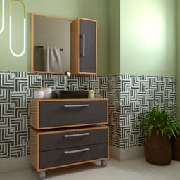 Conjunto de Gabinete Suspenso, Gabinete de Chão e Armário de Banheiro com Espelho Alice 2 PT 2 GV Mel e Grafite