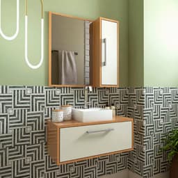 Conjunto de Gabinete com Cuba Branca e Armário de Banheiro com Espelho Alice 2 PT Mel e Arenas