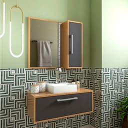 Conjunto de Gabinete com Cuba Branca e Armário de Banheiro com Espelho Alice 2 PT Mel e Grafite