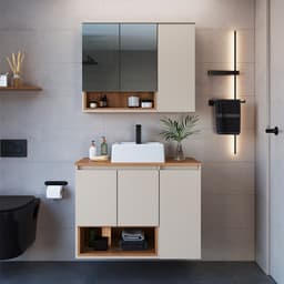 Conjunto de Gabinete com Cuba Branca e Armário de Banheiro com Espelho Cecília 3 PT 3 GV Mel e Arenas