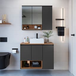 Conjunto de Gabinete com Cuba Branca e Armário de Banheiro com Espelho Cecília 3 PT 3 GV Mel e Grafite