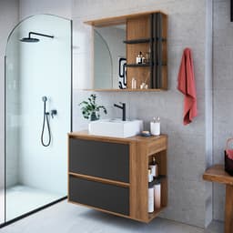 Conjunto de Gabinete com Cuba Branca e Armário de Banheiro com Espelho Estela 1 PT 1 GV Mel e Grafite