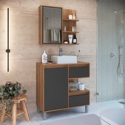 Conjunto de Gabinete com Cuba Branca e Armário de Banheiro com Espelho Paula 2 PT 2 GV Mel e Grafite